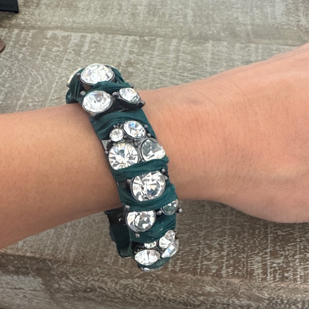 Green Bracelet with Clear Gemstones